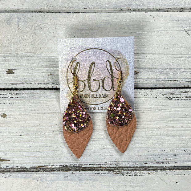 JEAN -  Leather Earrings  ||   <BR> PINK & GOLD GLITTER (FAUX LEATHER), <BR> MATTE PEACH TEXTURE