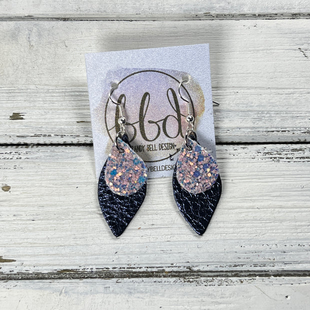 JEAN -  Leather Earrings  ||   <BR> WILLOW GLITTER (FAUX LEATHER), <BR> METALLIC NAVY PEBBLED