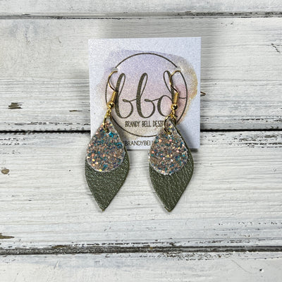 JEAN -  Leather Earrings  ||   <BR> GLAMOUR GLITTER (FAUX LEATHER), <BR> PEARLIZED OLIVE GREEN