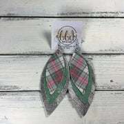 INDIA -  Leather Earrings  ||   <BR> SHIMMER TARTAN PLAID (FAUX LEATHER), <BR> SHIMMER MINT, <BR> METALLIC SILVER SAFFIANO