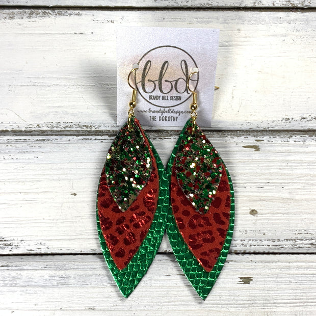 DOROTHY -  Leather Earrings  ||   <BR> CHRISTMAS GLITTER (FAUX LEATHER), <BR> BRIGHT RED ANIMAL PRINT, <BR> METALLIC GREEN COBRA