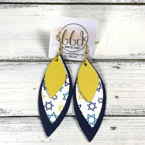 DOROTHY -  Leather Earrings  ||   <BR> MATTE YELLOW, <BR> HANUKKAH STAR OF DAVID, <BR> MATTE NAVY BLUE