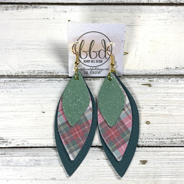 DOROTHY -  Leather Earrings  ||   <BR> SHIMMER MINT, <BR> SHIMMER TARTAN PLAID (FAUX LEATHER), <BR> MATTE SPRUCE GREEN