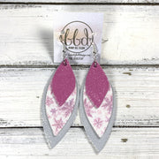 DOROTHY -  Leather Earrings  ||   <BR> SHIMMER BUBBLEGUM PINK, <BR> MAUVE SNOWFLAKES SHIMMER (FAUX LEATHER), <BR> SHIMMER SILVER