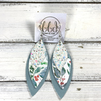 DOROTHY -  Leather Earrings  ||   <BR> CONFETTI CAKE GLITTER (FAUX LEATHER), <BR> WATERCOLOR HOLLY BERRIES, <BR> DUSTY AQUA RIVIERA