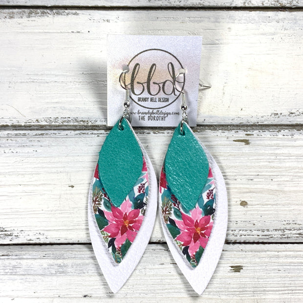 DOROTHY -  Leather Earrings  ||   <BR> PEARLIZED AQUA, <BR> WATERCOLOR POINSETTIAS (FAUX LEATHER), <BR> MATTE WHITE