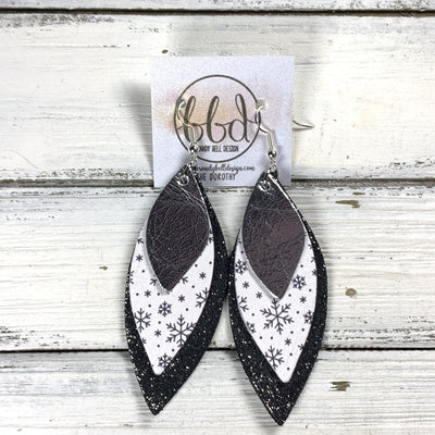 DOROTHY -  Leather Earrings  ||   <BR> METALLIC SILVER, <BR> WHITE WITH BLACK SNOWFLAKES, <BR> SHIMMER PEWTER