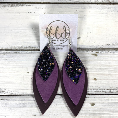 DOROTHY -  Leather Earrings  ||   <BR> CITY LIGHTS GLITTER (FAUX LEATHER), <BR> MAGENTA RIVIERA, <BR> MATTE DARK PLUM