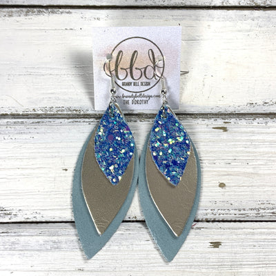 DOROTHY -  Leather Earrings  ||   <BR> OCEAN GLITTER (FAUX LEATHER), <BR> METALLIC CHAMPAGNE SMOOTH, <BR> DUSTY AQUA RIVIERA