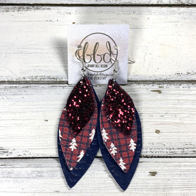 DOROTHY -  Leather Earrings  ||   <BR> BURGUNDY GLITTER (FAUX LEATHER), <BR> RED & NAVY PLAID WITH TREES, <BR> NAVY BLUE BRAID