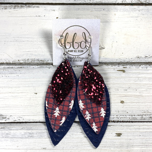 DOROTHY -  Leather Earrings  ||   <BR> BURGUNDY GLITTER (FAUX LEATHER), <BR> RED & NAVY PLAID WITH TREES, <BR> NAVY BLUE BRAID