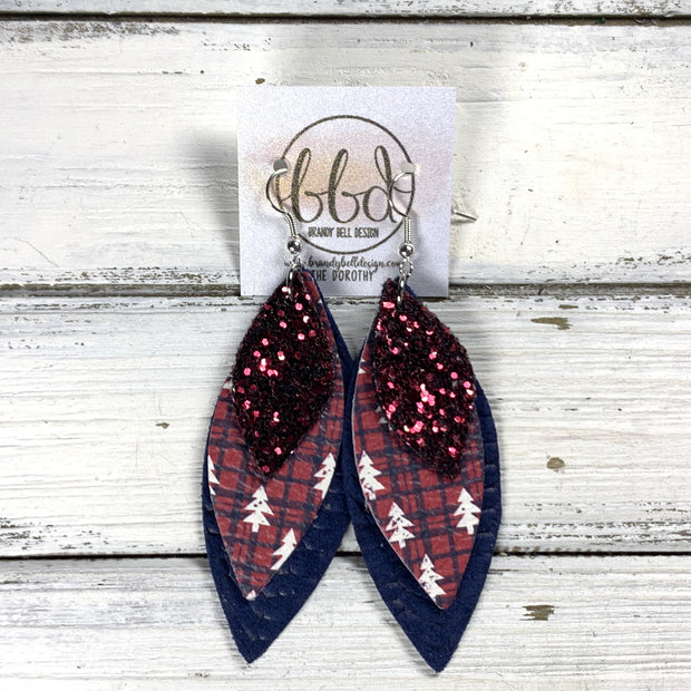 DOROTHY -  Leather Earrings  ||   <BR> BURGUNDY GLITTER (FAUX LEATHER), <BR> RED & NAVY PLAID WITH TREES, <BR> NAVY BLUE BRAID