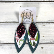 DOROTHY -  Leather Earrings  ||   <BR> BURGUNDY GLITTER (FAUX LEATHER), <BR> WHIMSICAL TREES ON WHITE, <BR> MATTE SPRUCE GREEN