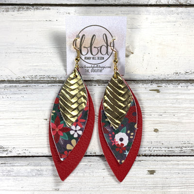 DOROTHY -  Leather Earrings  ||   <BR> METALLIC GOLD BRAID, <BR> CHRISTMAS FLORAL, <BR> MATTE RED