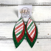 INDIA -  Leather Earrings  ||   <BR> RED & GREEN CANDY CANE GLITTER (FAUX LEATHER), <BR> METALLIC RED PEBBLED, <BR> METALLIC GREEN SMOOTH