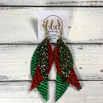 ANDY -  Leather Earrings  ||   <BR> CHRISTMAS GLITTER (FAUX LEATHER), <BR> BRIGHT RED ANIMAL PRINT, <BR> METALLIC GREEN COBRA