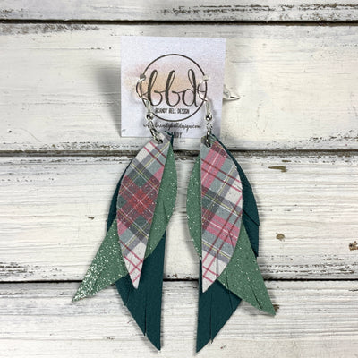 ANDY -  Leather Earrings  ||   <BR> SHIMMER TARTAN PLAID (FAUX LEATHER), <BR> SHIMMER MINT, <BR> MATTE SPRUCE GREEN