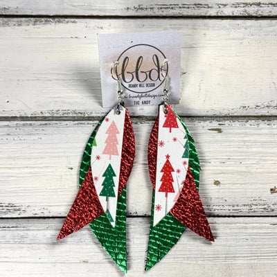 ANDY -  Leather Earrings  ||   <BR> MULTICOLOR CHRISTMAS TREES (FAUX LEATHER), <BR> METALLIC RED PEBBLED, <BR> METALLIC GREEN COBRA