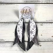 ANDY -  Leather Earrings  ||   <BR> WHITE WITH BLACK SNOWFLAKES, <BR> METALLIC SILVER SMOOTH, <BR> SHIMMER PEWTER