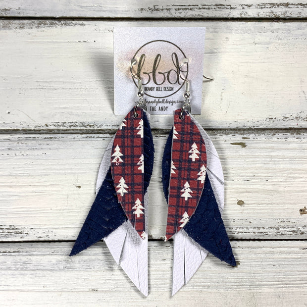 ANDY -  Leather Earrings  ||   <BR> RED & NAVY PLAID WITH TREES, <BR> NAVY BLUE BRAID, <BR> MATTE WHITE