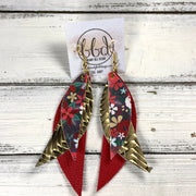 ANDY -  Leather Earrings  ||   <BR> CHRISTMAS FLORAL, <BR> METALLIC GOLD BRAID, <BR> MATTE RED