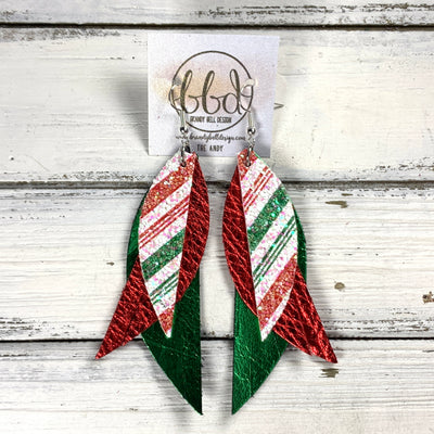 ANDY -  Leather Earrings  ||   <BR> RED & GREEN CANDY CANE GLITTER (FAUX LEATHER), <BR> METALLIC RED PEBBLED, <BR> METALLIC GREEN SMOOTH