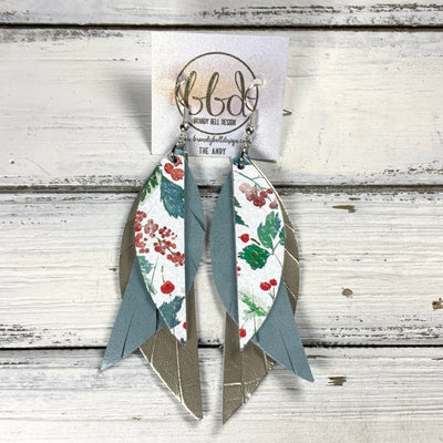 ANDY -  Leather Earrings  ||   <BR> WATERCOLOR HOLLY BERRIES, <BR> DUSTY AQUA RIVIERA, <BR> METALLIC CHAMPAGNE SMOOTH