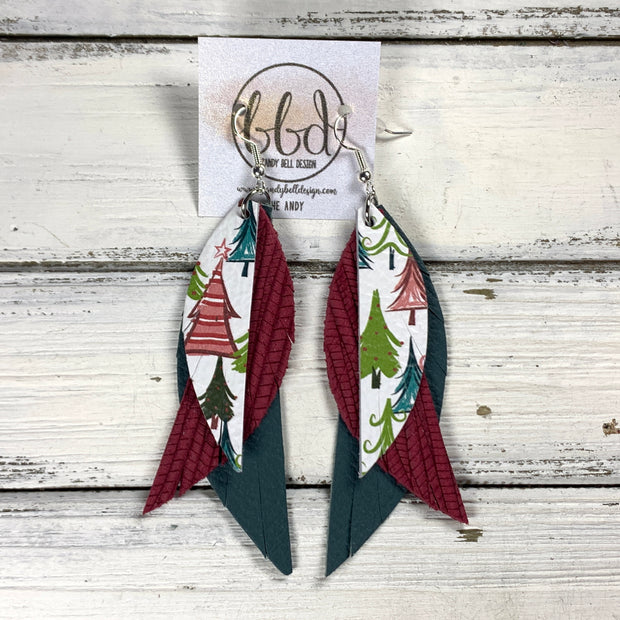 ANDY -  Leather Earrings  ||   <BR> WHIMSICAL TREES ON WHITE, <BR> BURGUNDY PALMS, <BR> MATTE SPRUCE GREEN