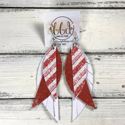 ANDY -  Leather Earrings  ||   <BR> RED & WHITE CANDY CANES GLITTER (FAUX LEATHER), <BR> SHIMMER RED, <BR> MATTE WHITE