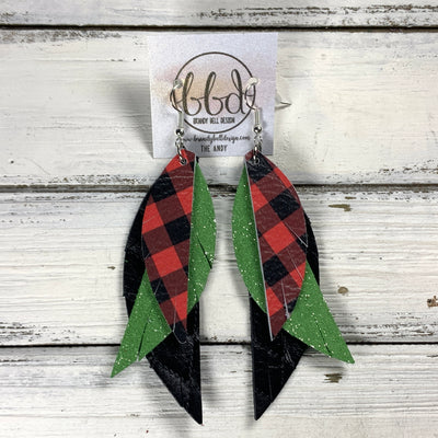 ANDY -  Leather Earrings  ||   <BR> PETITE RED & BLACK BUFFALO PLAID, <BR> SHIMMER GREEN, <BR> BLACK QUILTED