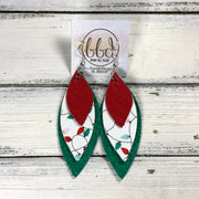 DOROTHY -  Leather Earrings  ||   <BR> MATTE RED, <BR> PASTEL CHRISTMAS LIGHTS (FAUX LEATHER), <BR> GREEN TINY TRIANGLES