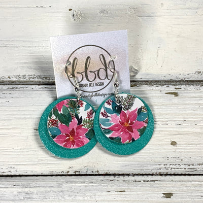 CIRCLES -  Leather Earrings  ||   <BR> WATERCOLOR POINSETTIAS (FAUX LEATHER), <BR> PEARLIZED AQUA