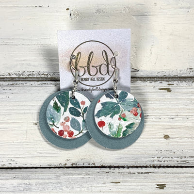 CIRCLES -  Leather Earrings  ||   <BR> WATERCOLOR HOLLY BERRIES, <BR> DUSTY AQUA RIVIERA