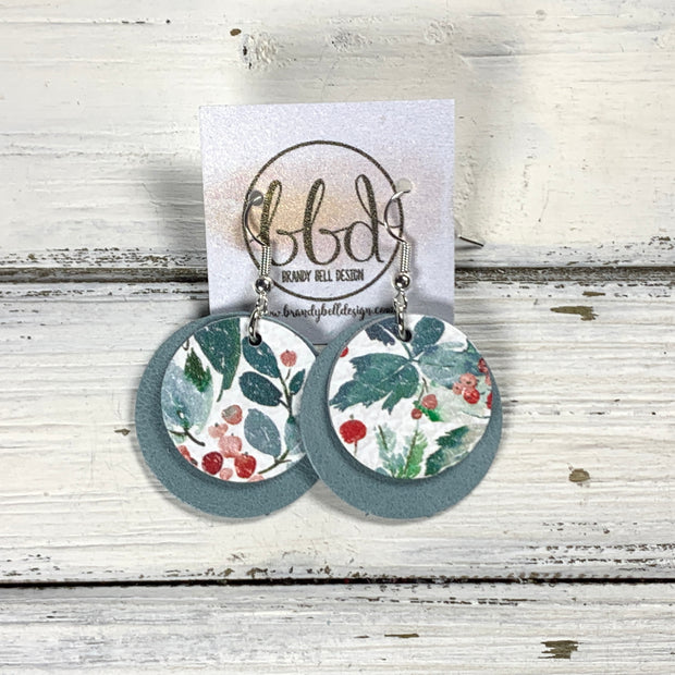 CIRCLES -  Leather Earrings  ||   <BR> WATERCOLOR HOLLY BERRIES, <BR> DUSTY AQUA RIVIERA