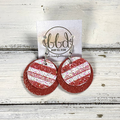 CIRCLES -  Leather Earrings  ||   <BR> RED & WHITE CANDY CANES GLITTER (FAUX LEATHER), <BR>SHIMMER RED