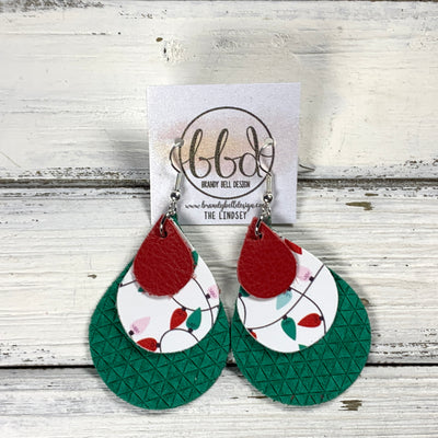 LINDSEY -  Leather Earrings  ||   <BR> MATTE RED, <BR> PASTEL CHRISTMAS LIGHTS (FAUX LEATHER), <BR> GREEN TINY TRIANGLES