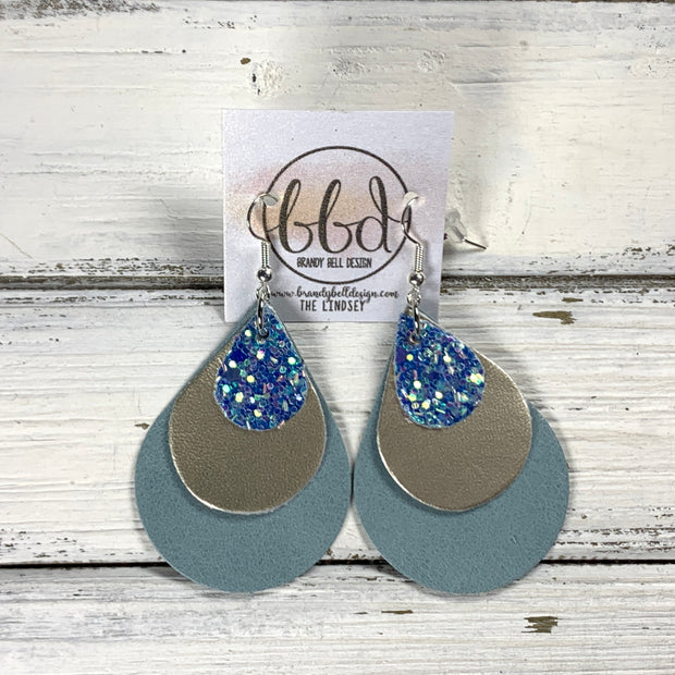 LINDSEY -  Leather Earrings  ||   <BR> OCEAN GLITTER (FAUX LEATHER), <BR> METALLIC CHAMPAGNE SMOOTH, <BR> DUSTY AQUA RIVIERA