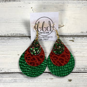 LINDSEY -  Leather Earrings  ||   <BR> CHRISTMAS GLITTER (FAUX LEATHER), <BR> BRIGHT RED ANIMAL PRINT, <BR> METALLIC GREEN COBRA