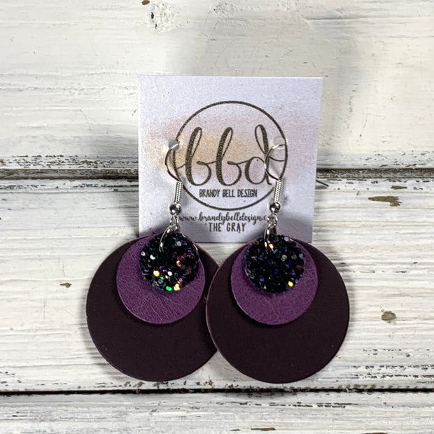 GRAY -  Leather Earrings  ||   <BR> CITY LIGHTS GLITTER (FAUX LEATHER), <BR> MAGENTA RIVIERA, <BR> MATTE DARK PLUM