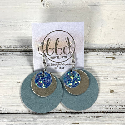 GRAY -  Leather Earrings  ||   <BR> OCEAN GLITTER (FAUX LEATHER), <BR> METALLIC CHAMPAGNE SMOOTH, <BR> DUSTY AQUA RIVIERA
