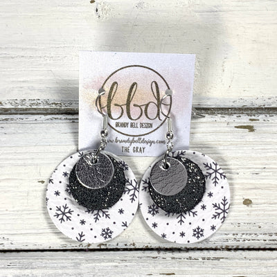GRAY -  Leather Earrings  ||   <BR> METALLIC SILVER, <BR> SHIMMER PEWTER, <BR> WHITE WITH BLACK SNOWFLAKES