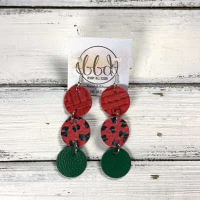 DAISY -  Leather Earrings  ||   <BR> RED PANAMA WEAVE, <BR> RED & GREEN LEOPARD ANIMAL PRINT, <BR> MATTE EMERALD GREEN