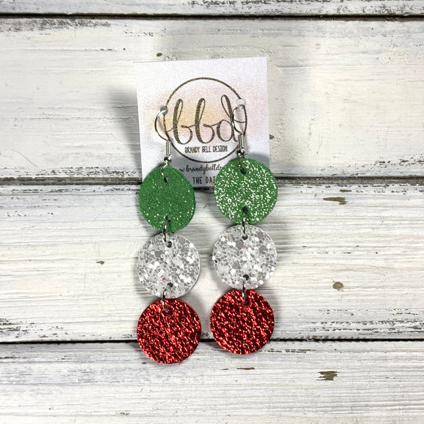 DAISY -  Leather Earrings  ||   <BR> SHIMMER GREEN, <BR> SNOW GLITTER ON CORK, <BR> METALLIC RED PEBBLED