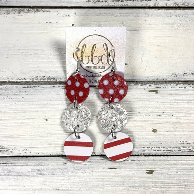 DAISY -  Leather Earrings  ||   <BR> RED & WHITE POLKADOTS, <BR> SNOW GLITTER ON CORK, <BR> RED & WHITE STRIPES