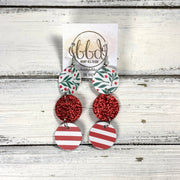 DAISY -  Leather Earrings  ||   <BR> RED & GREEN BERRIES, <BR> METALLIC RED PEBBLED, <BR> TINY RED & WHITE STRIPES