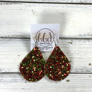 ZOEY (3 sizes available!) -  Leather Earrings  || RED & GREEN TINSEL (FAUX LEATHER) *TEXTURED LIKE TINSEL!