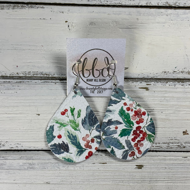ZOEY (3 sizes available!) -  Leather Earrings  || WATERCOLOR HOLLY BERRIES