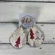 ZOEY (3 sizes available!) -  Leather Earrings  || BURGUNDY & GRAY TREES ON CORK