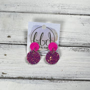 LUNA -  Leather Earrings ON POST  ||  NEON PINK GLITTER (ON CORK), <BR>  SASSY PINK GLITTER (FAUX LEATHER)