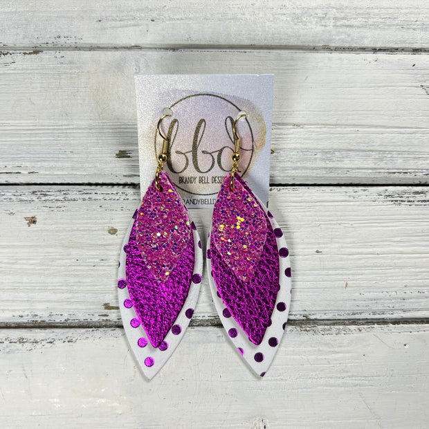 DOROTHY -  Leather Earrings  ||   , <BR> SASSY PINK GLITTER (FAUX LEATHER), <BR> METALLIC NEON PINK PEBBLED, <BR> METALLIC PINK POLKADOTS